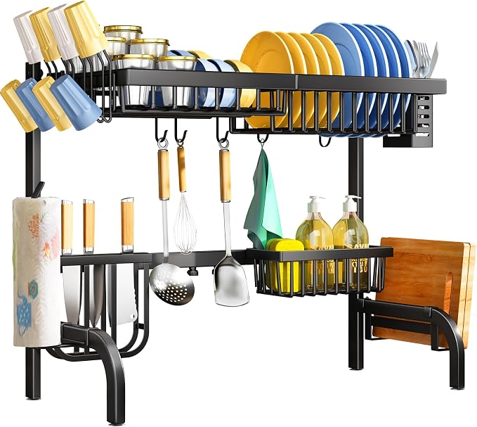 Over The Sink Dish Drying Rack, Adjustable 25.5-33.5 in, 2-Tier, Black | All-in-One Large Capacity, Snap-On Design for Flexible Use, Strong Metal Frame, Non-Slip Feet, Fits Sinks Up to 33" W