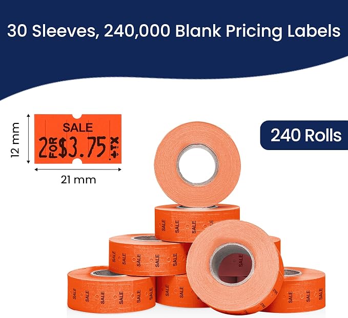 Perco 1 Line Sale Fluorescent Red Labels - 240,000 Blank Pricing Labels for Perco Lite, X, Plus and Pro 1 Line Price and Date Guns - 240 Rolls, Case of 30 Sleeves - Made in USA