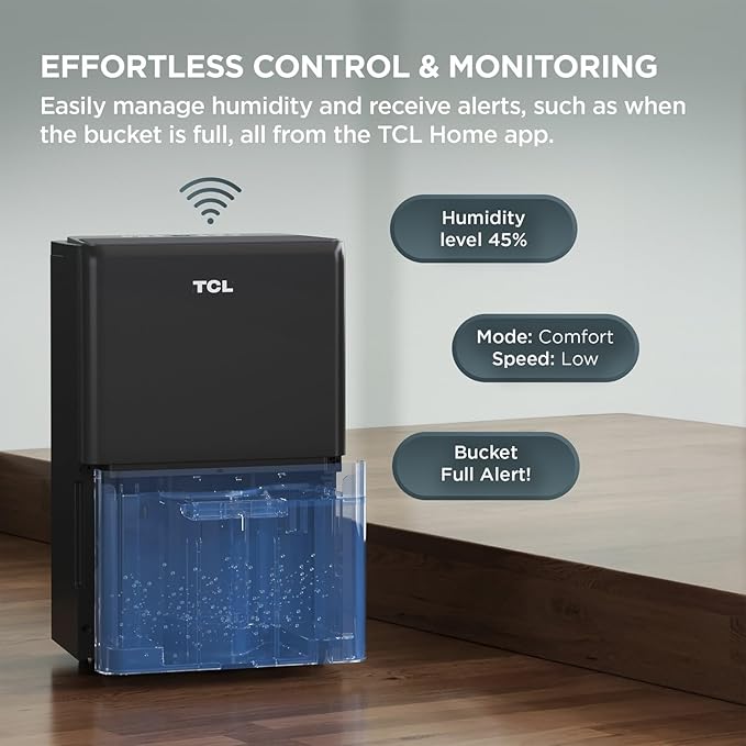 TCL 50-Pint Capacity Quiet, Energy Efficient Portable Smart Dehumidifier with Pump, Bucket or Continuous Drain, Smart Home Compatible, Humidity Control for Home, Apartment, Rooms up to 4500 Sq Ft