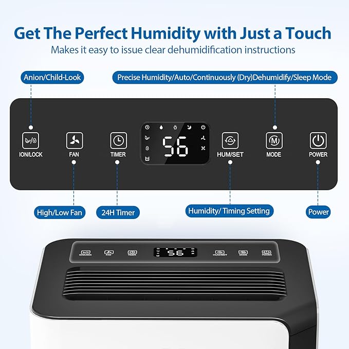 FreAire 54Pint 4500Sq.Ft Dehumidifier for Basement with Drain Hose, 30dB Quiet Compressor Dehumidifiers for Home, Front LED Digital Humidity Display for Bedroom, Bathroom, 1.13 Gallon Water Tank