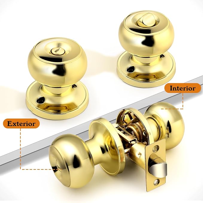 Probrico Polished Brass Privacy Interior Door Knob Bed and Bath Keyless Door Lockset, 1 Pack