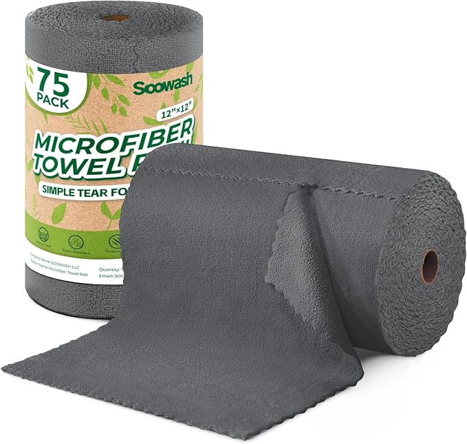 Microfiber Cleaning Cloths Roll, 75 Pack Tear Away Microfiber Towels Roll, 12" x 12" Lint Free Rags, Reusable Cleaning Cloths, Washable, Scratch Free,Ultra Absorbent Dish Rags(Dark Grey)