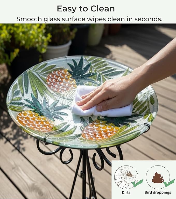 Large Glass Bird Bath with Metal Stand, Pineapple | 18" Wide Bowl, 3.2" Bathing Depth, Thick Glass Construction, Stable 3-Leg Base, Easy Clean Surface, Garden Decor