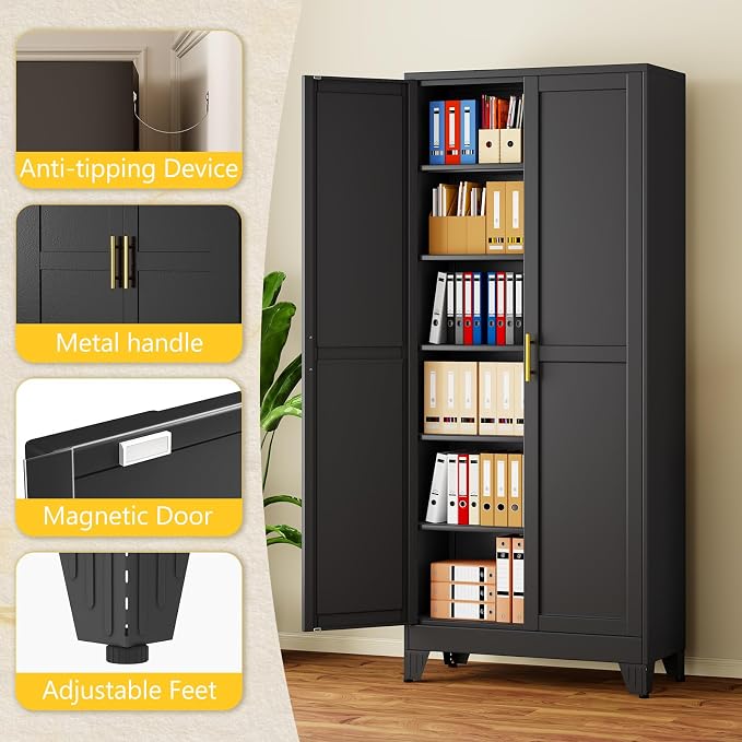PAOFIN 75" Metal Storage Cabinet with 2 Doors and 5 Adjustable Shelves,Black Metal Garage Storage Cabinets, File Cabinet,Steel Tool Cabinets for Home,Office,Garage,School,Warehouse