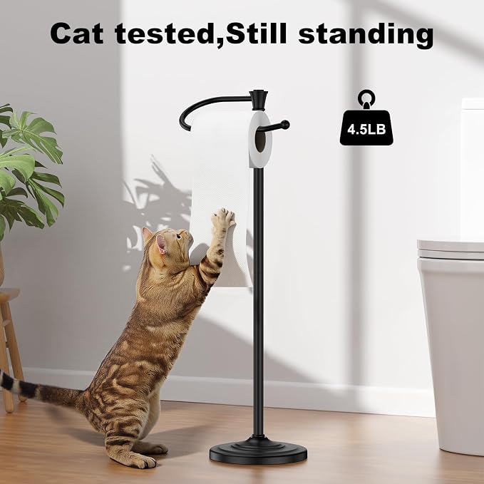 Toilet Paper Holder Free Standing, 25” H Stainless Steel Black Toilet Paper Stand, Weighted Base Floor Tissue Roll Holder for Bathroom,Toilet Roll Stand