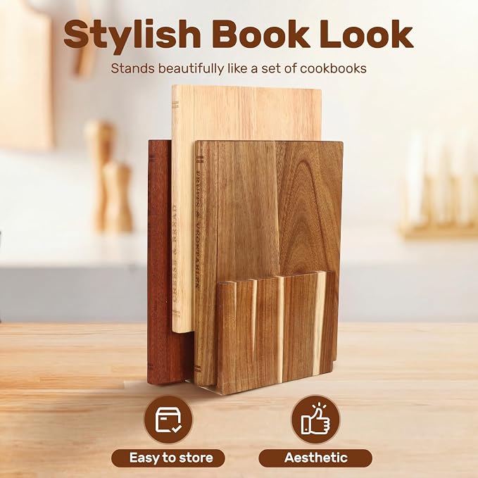 Book Cutting Board Set with Wood Stand, Wooden Cutting Boards for Kitchen,Knife Friendly Decorative Board that Look Like Books, Easy to Store & Clean,Unique Gift for Book Lovers & Home Cooks