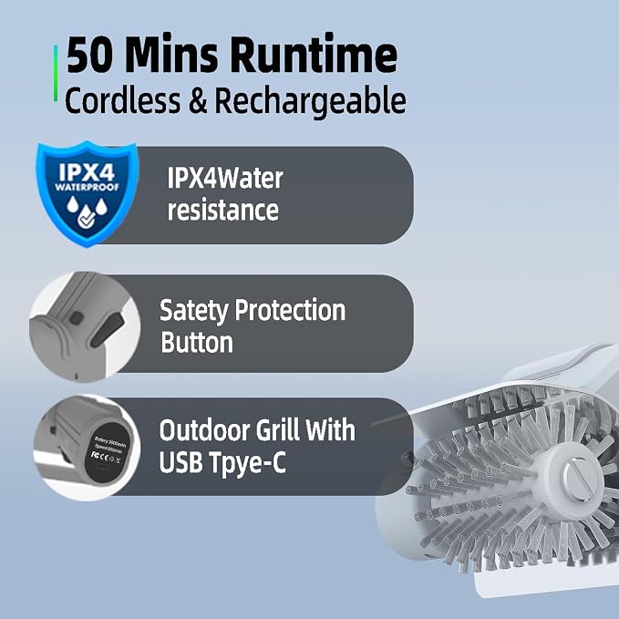 Electric Grill Brush and Cleaner - Cordless Rechargeable BBQ Cleaning Tool with Stainless Steel Removable Head, Dishwasher Safe, USB-C 4000mAh Battery for Grill Grates(Grey)
