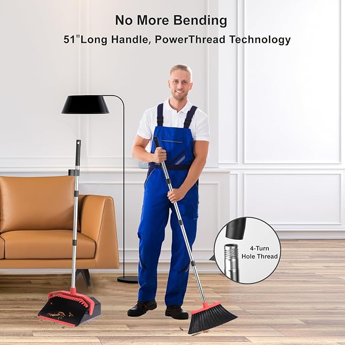 Tiumso Upgrade Broom with Dustpan Combo Set, Broom and Dustpan Set with 51'' Long Handle, Dust Pan and Brooms, ZeroGap Lip, Self-Cleaning Dustpans Teeth for Lobby Kitchen Restaurant - Black and Red