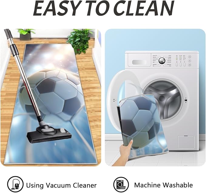 2 Pcs Kitchen Rugs and Mats Blue Soccer Flies Into Net Kitchen Rug Sets,Sports Realism Style Floor Mats Washable Non Slip Rug Runner for Office Sink Laundry 20"x32"+20"x48"