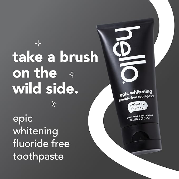 hello Epic Whitening Charcoal Fluoride Free Toothpaste, Activated Charcoal Toothpaste with Coconut Oil, Whitens Teeth Naturally, SLS Free, Fresh Mint, 4.0 Oz Tube (Pack of 12)