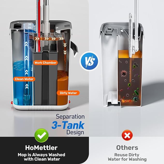 HoMettler Mop and Bucket Set, 3-Tank Flat Mop and Bucket System for Separate Dirty & Clean Water, 65" Mops for Floor Cleaning with 4 Washable Pads, Safe for Hardwood, Vinyl, Tile, Baseboards, Walls