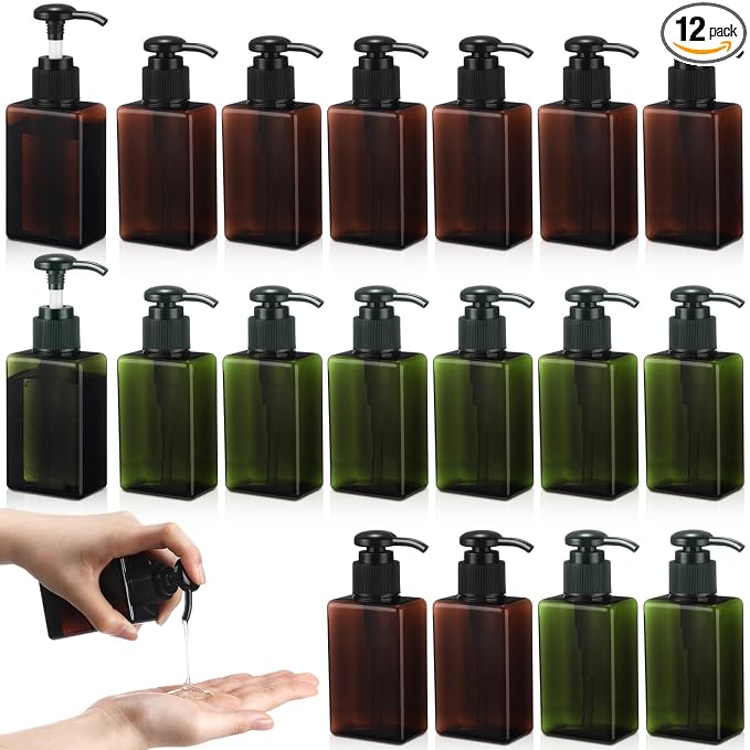 Domensi 12 Pcs 100ml /3.4 oz Pump Bottle Mini Travel Bottles Small Dispenser Containers Plastic Pump Lotion Dispenser Empty Square Travel Size Containers Toiletries (Green,Brown)