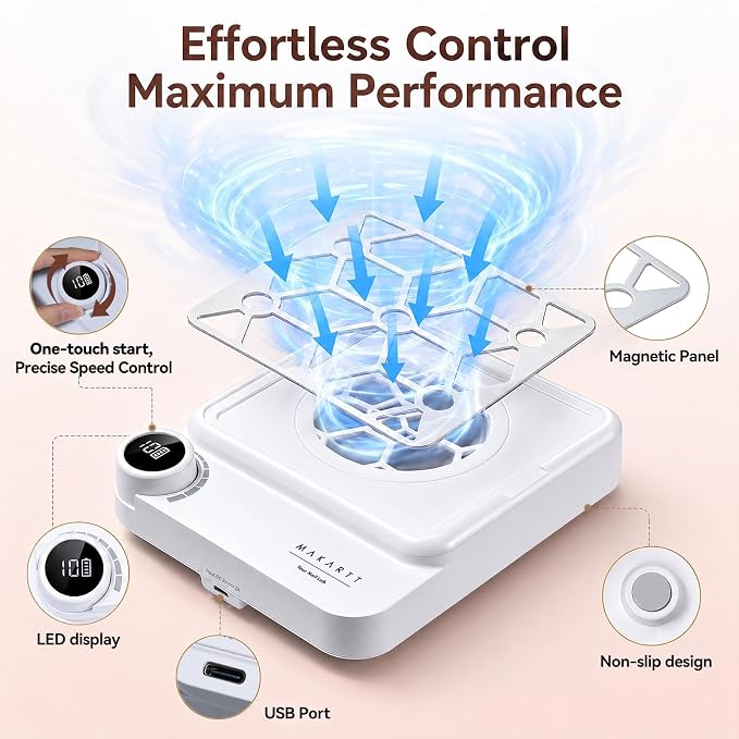 Makartt Compact Rechargeable Nail Dust Collector - 5500RPM Dust Collector Nail Tech ERYNOS Adjustable Speed,Quiet for Polishing Cuticle Manicure Salon&Home Use With 10pcs Filters&Dust Brush White