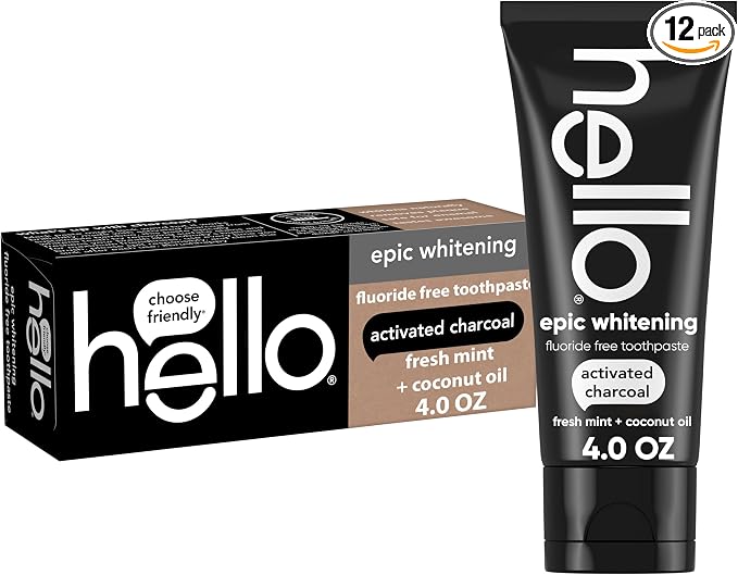 hello Epic Whitening Charcoal Fluoride Free Toothpaste, Activated Charcoal Toothpaste with Coconut Oil, Whitens Teeth Naturally, SLS Free, Fresh Mint, 4.0 Oz Tube (Pack of 12)