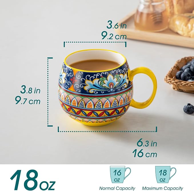 vancasso Coffee Mugs Set of 6, Coffee Cups Ceramic 18oz, Porcelain Coffee Mugs for Cappuccino, Latte, Espresso, Colorful Coffee Mugs with Handle, Rounded Boho Mugs, Microwave & Dishwasher Safe