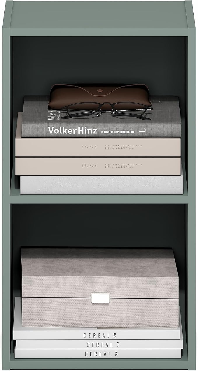 Furinno PASIR Book Shelf, 2-Tier Modern Bookshelf, Open Shelves Bookcase 9 x 12 x 21, Easy Assembly, for Living Room, Bedroom, Home Office, Sage Green