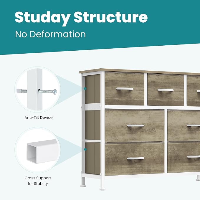 OLIXIS 7 Drawers Fabric Dresser for Bedroom, Storage Tower Organizer for Living Room & Entryway, Sturdy Steel Frame, Wooden Top & Easy-Pull Bins, Closet Chest for Clothes, Oak Greige