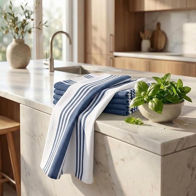 Urban Villa Kitchen Towels Cotton Dish Towels 20”x30” (Set of 6) Blue Wht