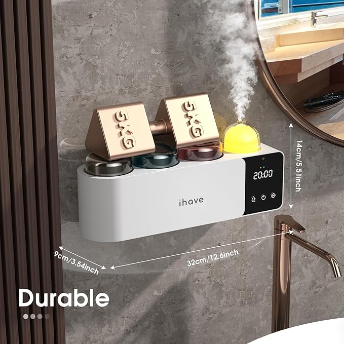 iHave Toothbrush Holders Wall Mounted with Toothbrush Sanitizer &Aromatherapy Diffuser Auto-Cycle Disinfection, Heated Fan Drying, USB Rechargeable, IR Night Light, LED - 3 Cups Bathroom Organizer
