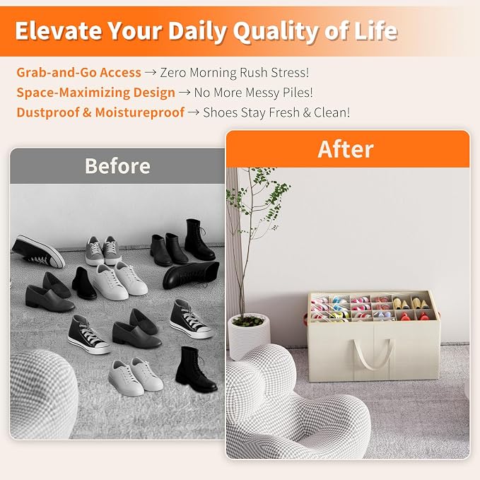 Aokeyee 2 Pack Shoe Organizer for Closet, Large Shoe Storage Box, Beige | Fits up to 48 Pairs, Stackable, Space Saving, Foldable, Shoes Organizer Bin with Clear Cover, 4 Reinforced Handles