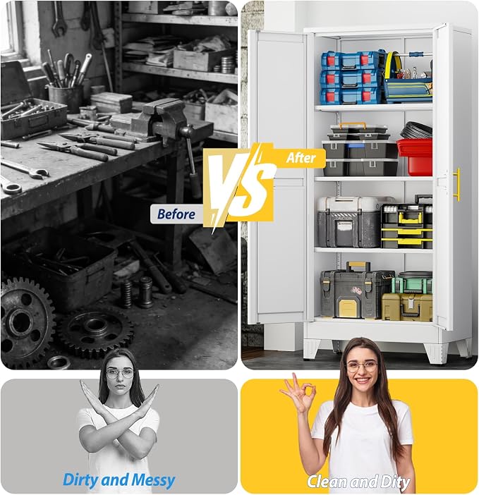 PAOFIN 61" Metal Storage Cabinet with 2 Doors and 3 Adjustable Shelves,White Metal Garage Storage Cabinets, File Cabinet,Steel Tool Cabinets for Home,Office,Garage,School,Warehouse