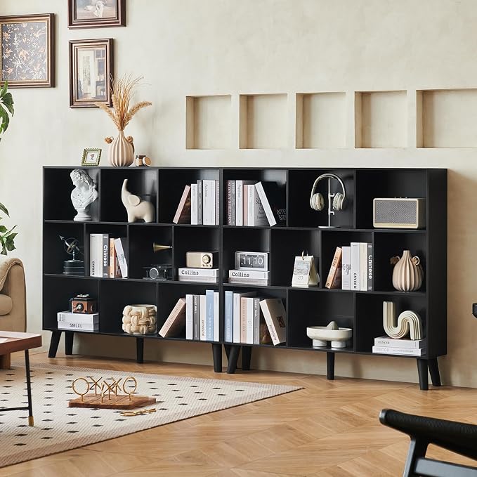 LEYAOYAO 8 Cube Bookshelf, Mid-Century Modern Book Shelf with Legs, Black | 3 Tier Bookcase, Rustic Wood Bookshelves Freestanding Large Storage Organizer, Open Shelves for Bedroom, Living Room, Office