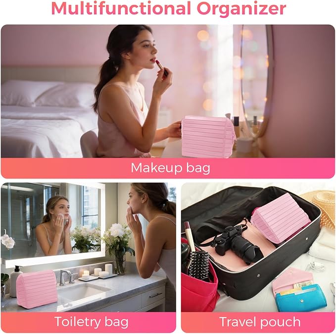 Travel Makeup Organizer Bag with Fold-Down Design and Adjustable Dividers, 27 Pockets & 3 Brush Storage Holders, Large Capacity Cosmetic Bags Toiletry Case - Pink