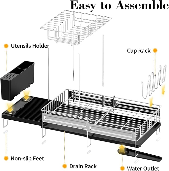 Delamu 2 Tier Dish Drying Rack, Large Dish Racks for Kitchen Counter, Stainless Steel Multifunctional Dish Drainer with Cutlery & Cup Holders, Extendable from 13.4 to 28.7 in, Black