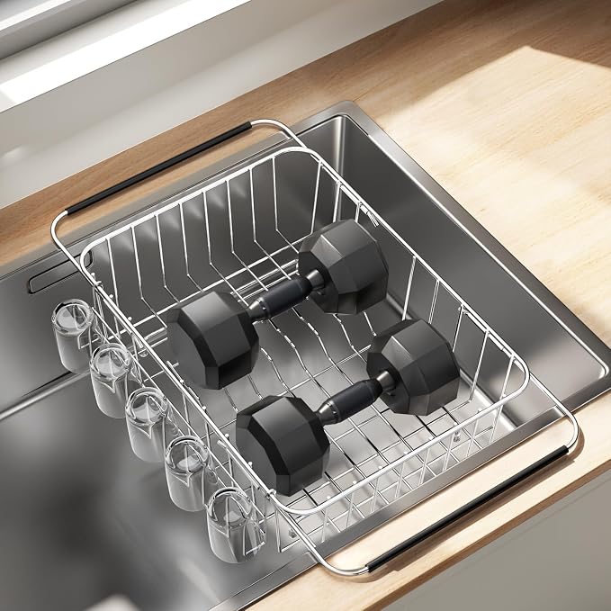 Fanbsy Dish Drying Rack in Sink, Extendable Stainless Steel Dish Drainers for Kitchen Counter, Anti-Rust Dish Dryer Rack with Utensil & Cup Holders, for Inside Sink, Over The Sink