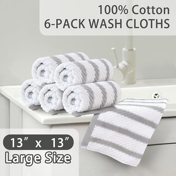 VOOVA & MOVAS Wash Cloths 4PC, 100% Cotton, 13x13 in, Gray White | Thick, Quick Dry, Soft, Absorbent, Dorm Room Essentials, Great For Bathroom, Travel, Gym