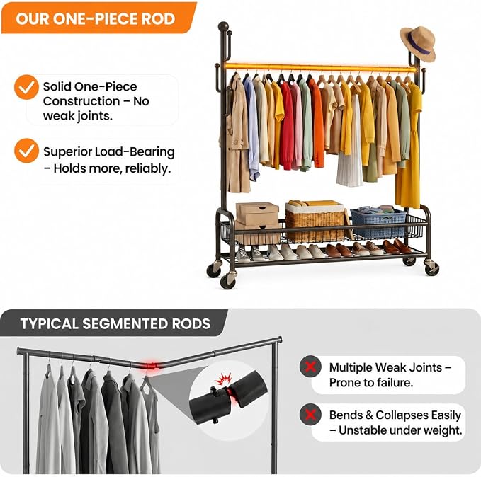 Rolling Clothes Drying Rack with Lockable Wheels, Heavy Duty Metal Laundry Drying Rack with 5 Hooks and 2-Tier Drying Shelves, Drying Rack Clothing for Indoor and Outdoor Use