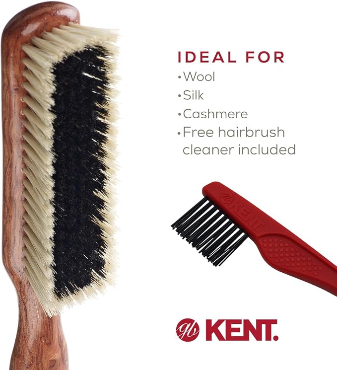 Kent CP6 Clothes Brush. Cashmere Care Dark Wood with Black & White Boar Bristle, Lint Remover for Wool and Silk for Keeping Delicate Fabrics Free from Fibres, Fluff and Pet Hair. Made in England