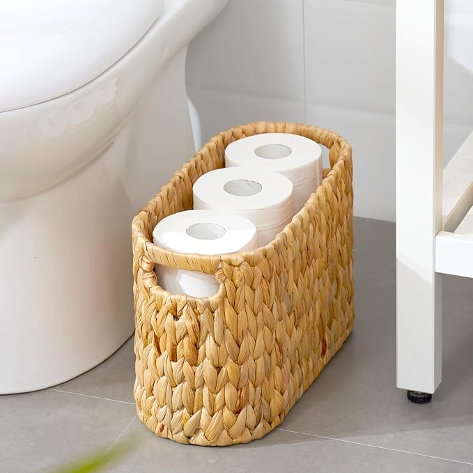 Toilet Paper Storage Basket, Water Hyacinth Wicker Storage Holder for 6 Rolls Toilet Paper with Built-in Handles