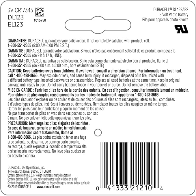 Duracell CR123A 3V Lithium Battery, 2 Count (Pack of 1), 3 Volt High Power, Long-Lasting for Home Safety, Security Devices, Flashlights, Smoke Alarms, Home Automation