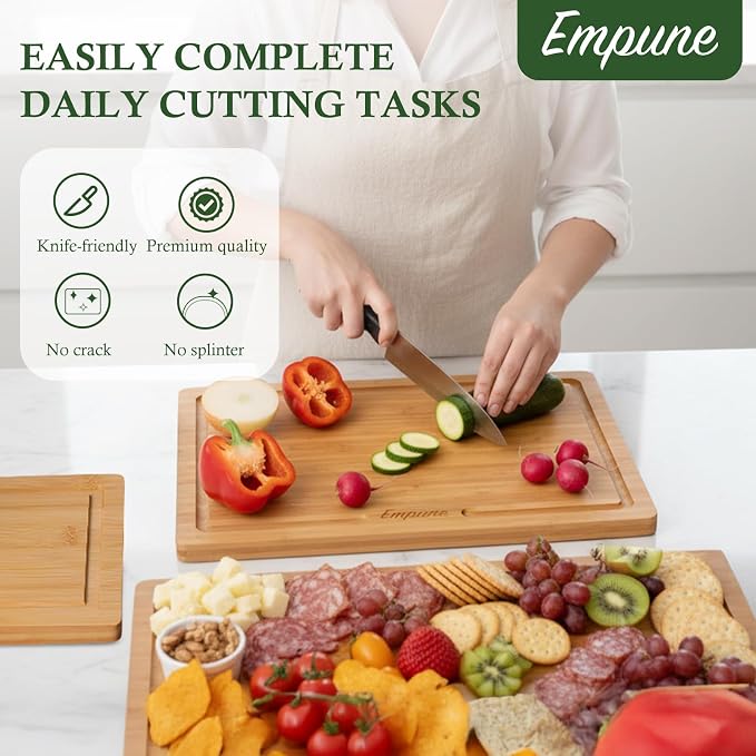 Bamboo Cutting Boards for Kitchen, 3 Piece Extra Thick Cutting Board Set with Juice Groove, Deep Carbonized Bamboo Chopping Board, Reversible Wood Cutting Board for Meat, Charcuterie & Serving