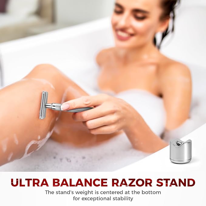 Double Edge Safety Razor with Stand, Version 2.0 Includes 10 Blades | Classic silver finish with a clean metallic look that complements any grooming setup.