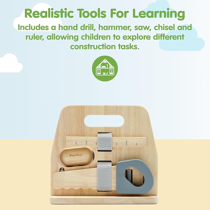 PlanToys® Wooden Handy Carpenter Set Montessori Practical Life Kids Play | hammer, screwdriver, wrench, kids tool set, girls, boys, imaginative fine motor construction learning gift preschool fun