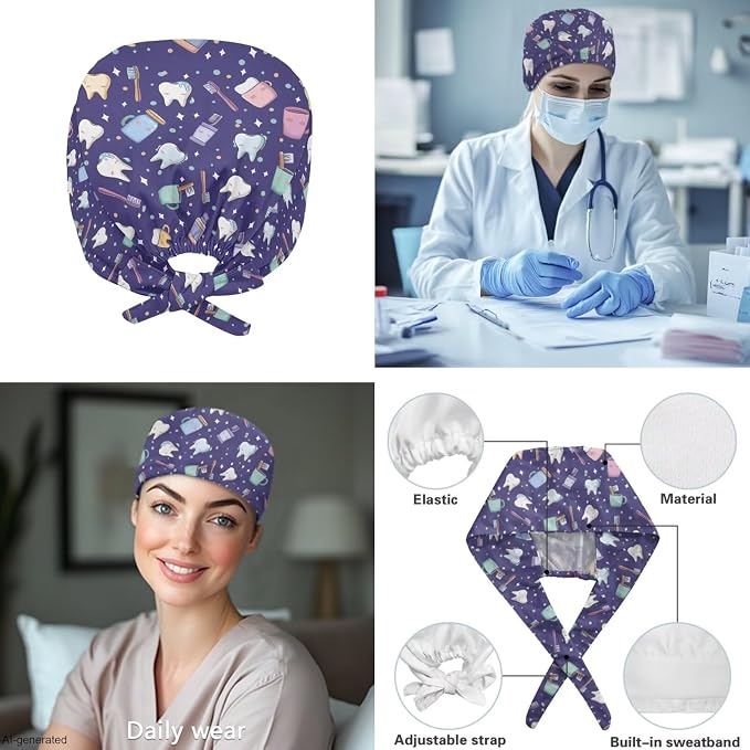 Gomyblomy Women's Scrubs Suit 3-Piece Set | Teeth Print V-Neck Top & Pants & Cap, Breathable and Stretch Fabric, S-5XL