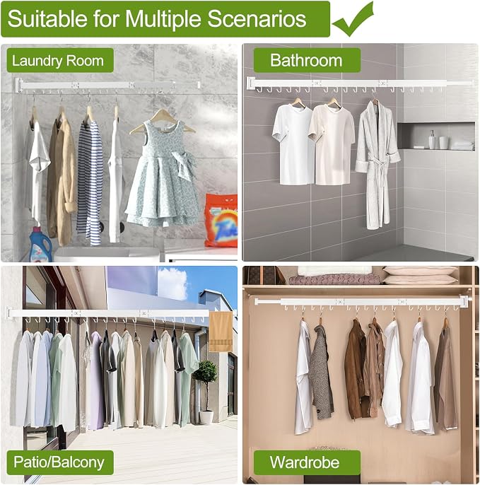 Kelisiting Clothes Drying Rack, Laundry Drying Rack Wall Mounted, [No-Drill & Drilling to Choose] 3-Fold Laundry Drying Racks for Hanging Clothes, Foldable & Sturdy Space Saver for Laundry Room -White