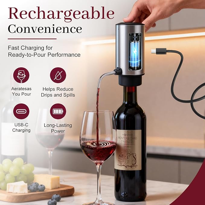 7-in-1 Electric Wine Opener & Aerator Set, Rechargeable Automatic Corkscrew, Wine Aerator, Vacuum Stoppers, Dispenser, Foil Cutter, Gift for Wine Lovers, Housewarming, Birthday, Wedding or Anniversary