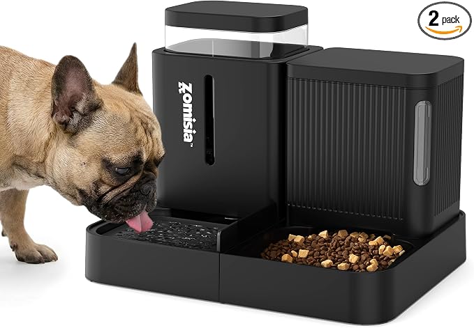 ZOMISIA Gravity Dog Food and Water Dispenser, 2 in 1 Automatic Dog Feeder with 180 Degree Rotatable, 2 Pack Large Capacity Self Feeding for Small Dogs Puppy, Black, 1.6GALx2