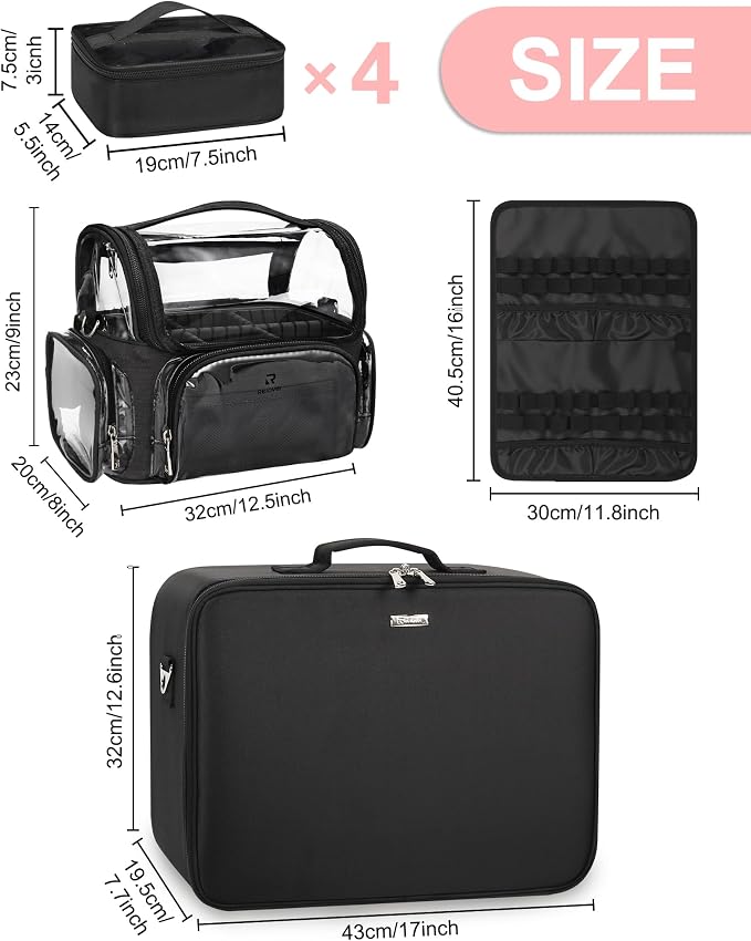 Relavel Extra Large Makeup Case Professional Cosmetic Storage Organizer Box Brush Holder with 4 Clear Set Bags & Lipstick Plate & Clear Makeup Brush Case for Makeup Artists Black