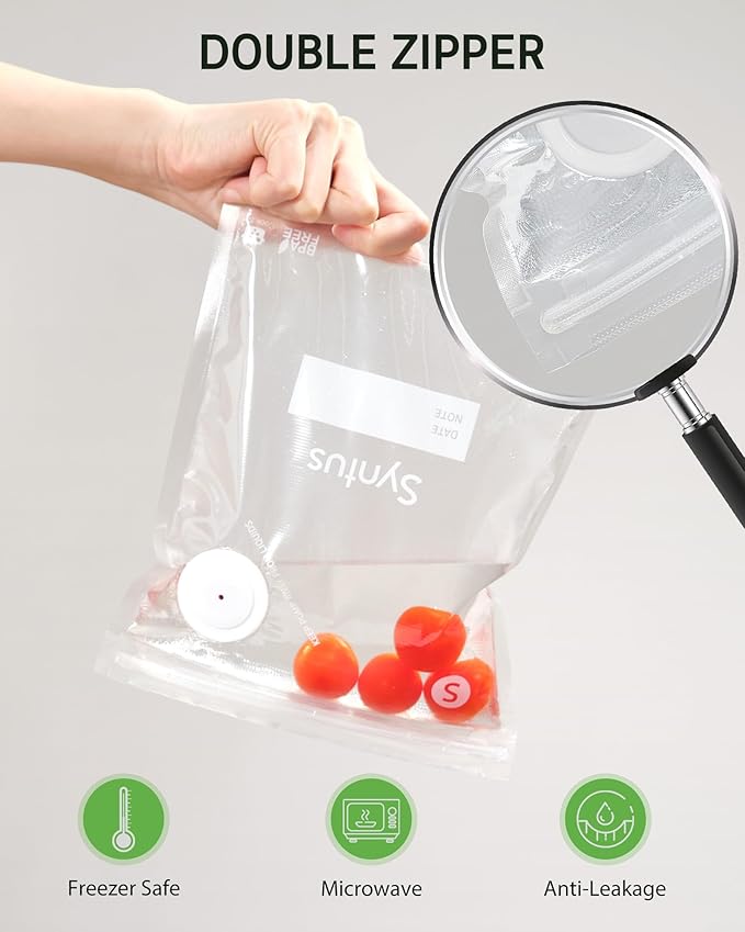 Syntus 60 Pcs Reusable Vacuum Sealer Bags for Food, S+M+L | 8x10+10x13.8+11.8x13.8, Upgraded Air Valve, Microwave Freezer Sous Vide, Food Storage, Leak-Proof, for Compact Vacuum Sealer