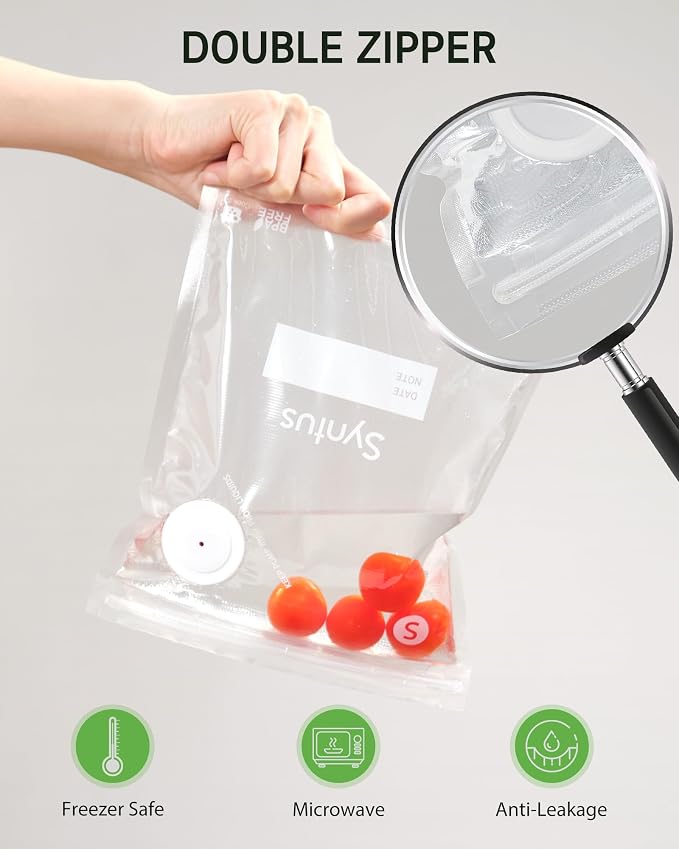 Syntus 30 Pcs Reusable Vacuum Sealer Bags for Food, 8"x10"+10"x13.8" (S+M) | Upgraded Air Valve, Microwave Sous Vide Freezer Meal Prep, Leak-Proof, Food Storage Zipper Bags, for Compact Vacuum Sealer