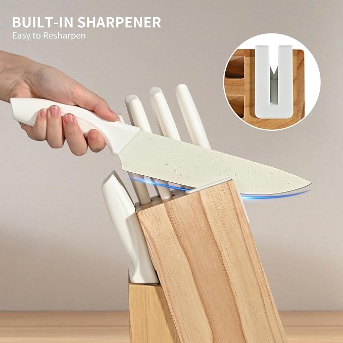 15 Piece Knife Set，Kitchen Knife Block Set，White stainless steel knife set with sharpener for Chopping, Slicing, Dicing & Cutting，Dishwasher safe