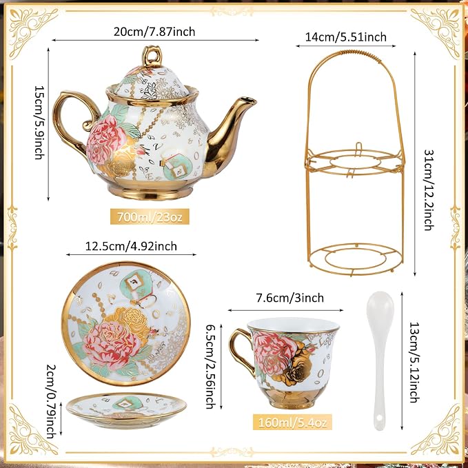 Zhehao 20 Pcs Porcelain Tea Set with Metal Holder and Spoon Adult Ceramic Tea Set European Flower Painting Teapot Cup Saucer Spoon for Women Mom Gift, Large Version (Bright Style)