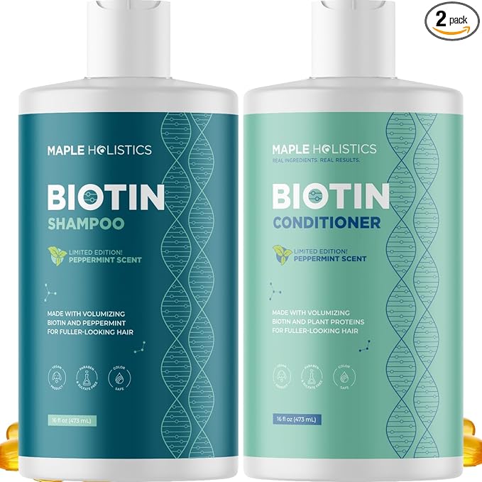 Volumizing Biotin Shampoo and Conditioner Set - Peppermint Shampoo and Conditioner for Thinning Hair Care with Argan Coconut & Olive Oil - Color Safe - Paraben Silicone & Sulfate Free (16 Fl Oz Each)