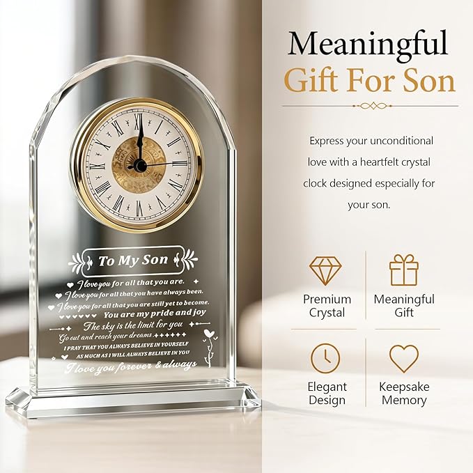 to My Son Gift from Mom or Dad, Birthday Graduation Christmas for Son Adult Present, Laser Engraving Glass Clock Gift (Battery not Included) (Son Gifts)
