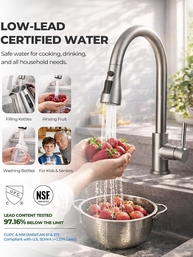 WEWE Pull-Down Kitchen Sink Faucet, 3-Mode Spray, 1-Hole, Brushed Nickel | Stream & Spray & Pause Modes, 20" Pull Down Hose, SUS304 Stainless Steel, 500k Cycle Ceramic Cartridge, Tool-Free Twist-Lock