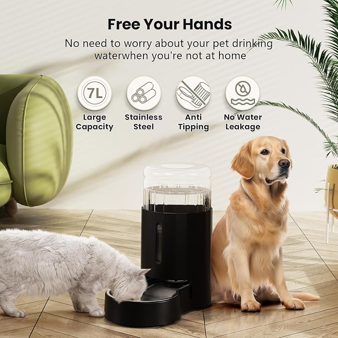 CZPET Dog Water Bowl Dispenser 7L, Wider Mouth Gravity Refilling (Black) | With Stainless Steel Bowl Gravity Waterer, Large Capacity and Drinking Area Noise-Free for Pets